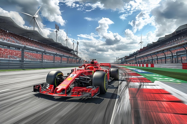 Red Formula One Race Car Speeds Through Track