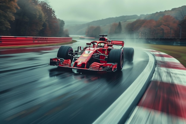 Red Formula One Race Car on Wet Track