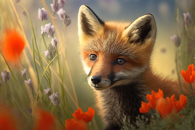 Red fox in a flower meadow Generative AI