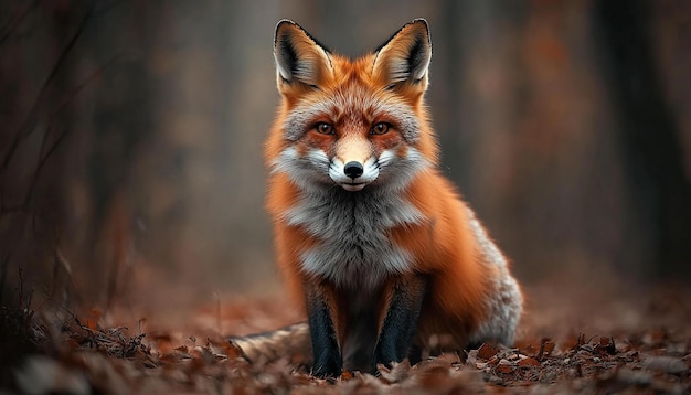 a red fox is sitting in the woods with leaves