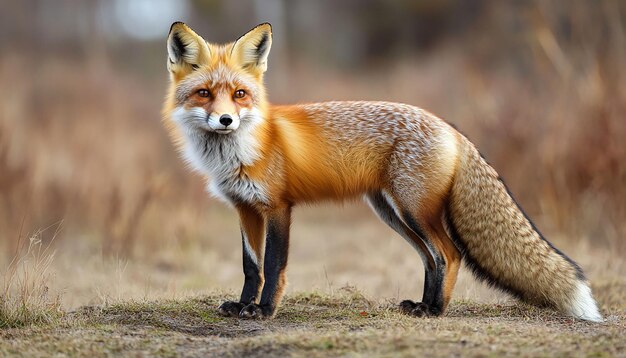 a red fox is standing in a field with a blurry background