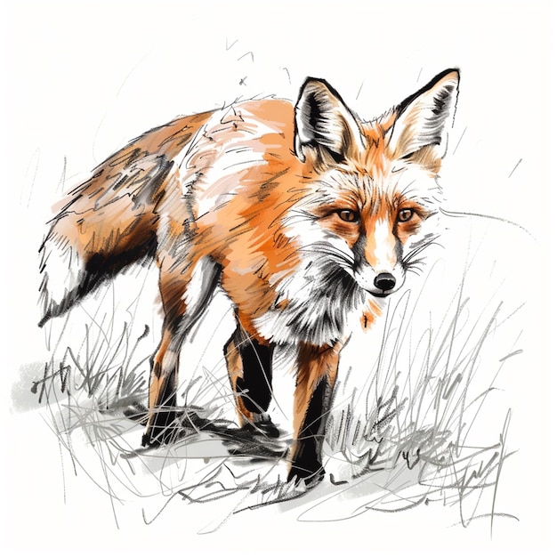 Red Fox isolated pencil drawing on white paper artwork