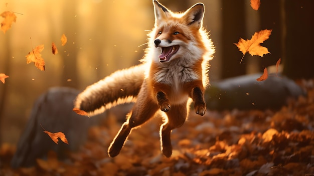 Red fox jumping in deep Jungle