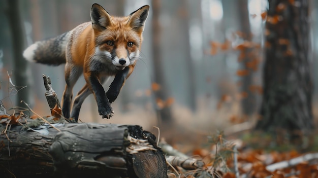 A red fox jumps over a fallen log in an autumn forest