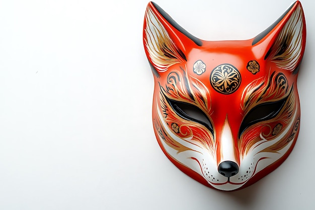 A red fox mask with gold and white accents black eyes and a black nose against a white background