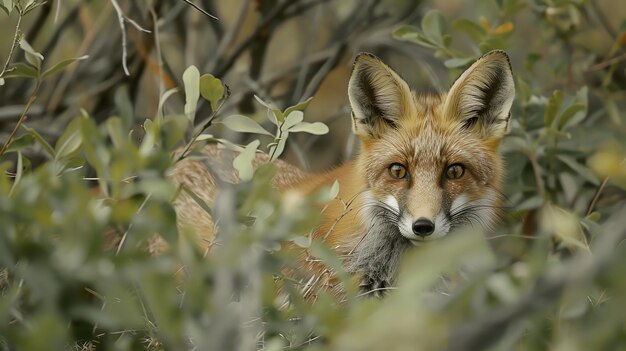 Photo red fox peering out from the bushes