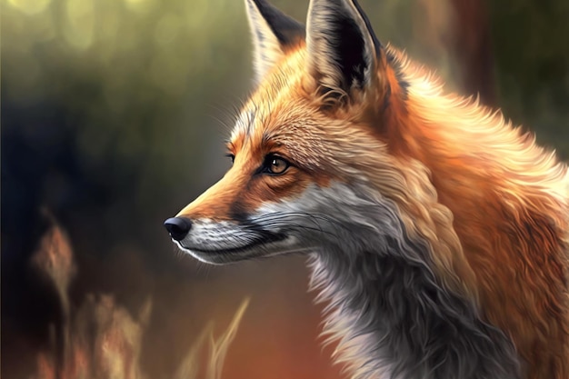 Red fox portrait with forest background digital illustration painting