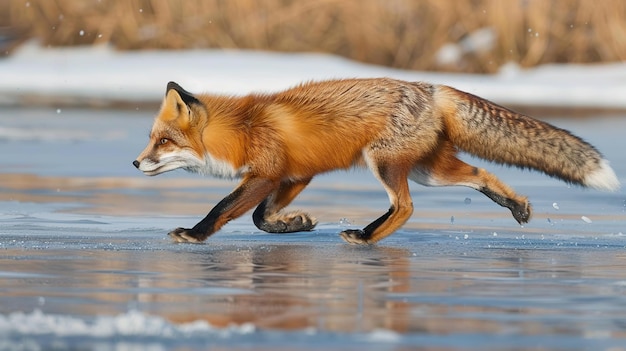 Red Fox Running Across Ice