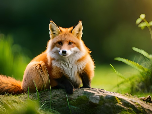 A red fox sits on a rock in a field