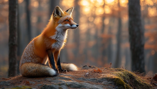 Photo a red fox sits on a rock in front of trees