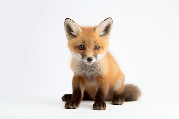 A red fox sits on a white background.