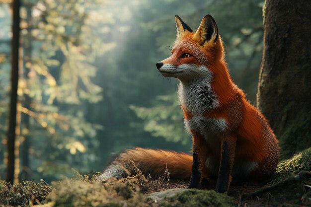 a red fox sits in the woods in the sunlight