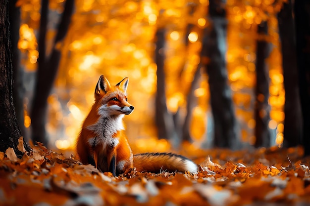 Photo a red fox sitting in the middle of a forest covered in leaves