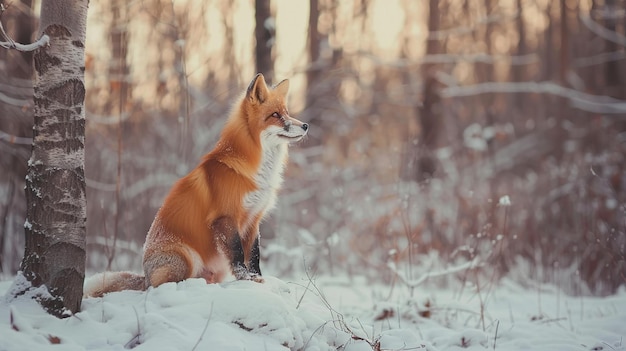 Red Fox Sitting in a Snowy Forest