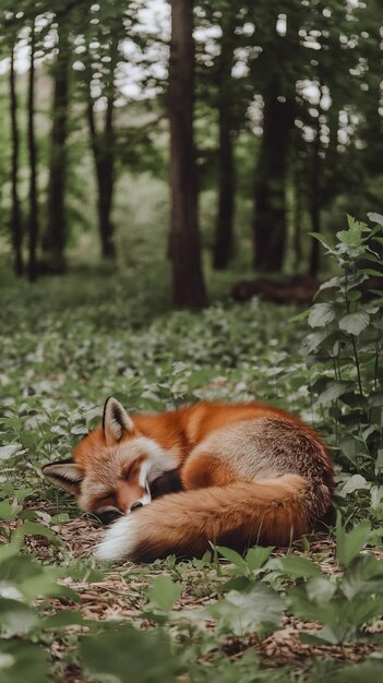 Photo red fox sleeping in a summer forest generative ai