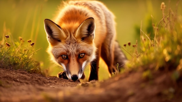 A red fox sniffing the ground for prey AI generated