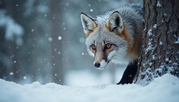 Red fox in snowy forest landscape showcasing wildlife and natures beauty during winter