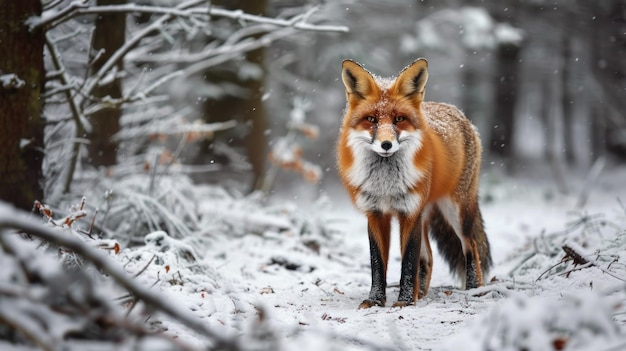 Photo red fox in snowy forest