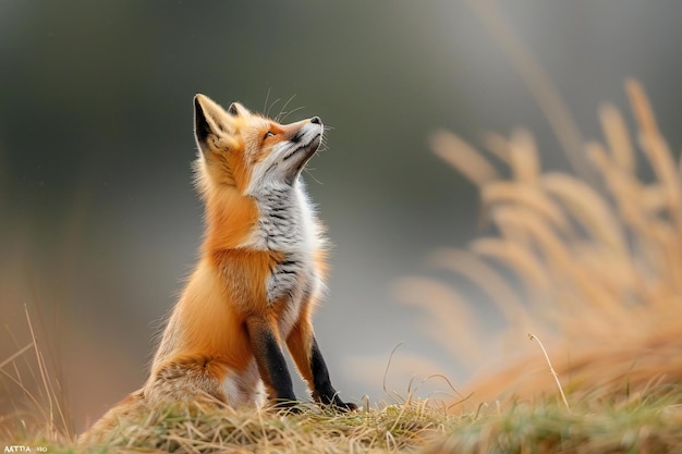 A red fox standing on its hind legs looking up at the sky with curity and wonder in an open field