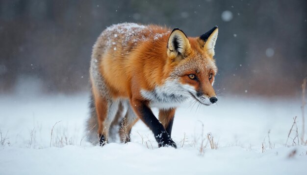 Red fox walking in snow covered forest with snowflakes falling