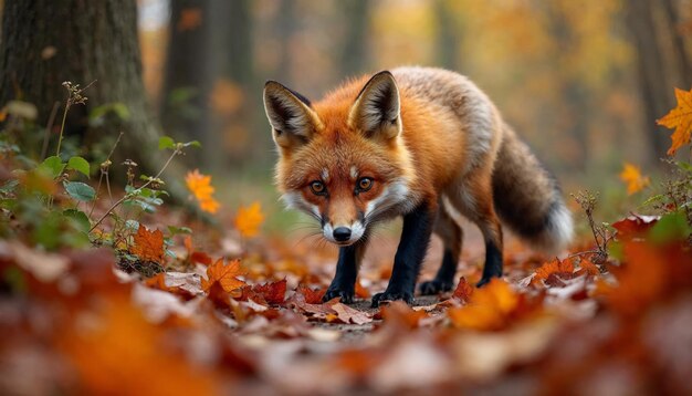 Red Fox Walking Through Autumn Leaves in Forest