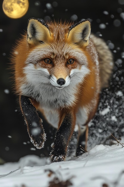 Red Fox Walking Through Snow Under a Full Moon