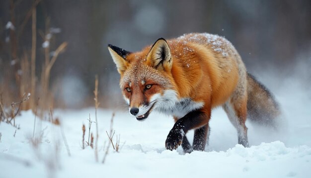 Red Fox Walking Through The Snow in Winter