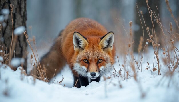 Red fox walking through snowy forest looking directly at camera