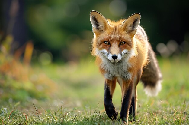 A red fox walking towards the camera in a grassy field with motion blur the natural lighting follow