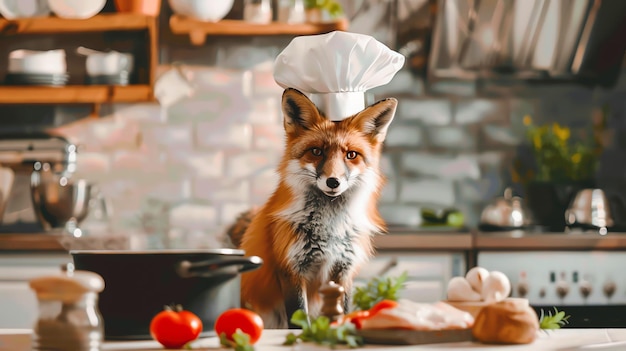 A red fox wearing a chefs hat in a kitchen