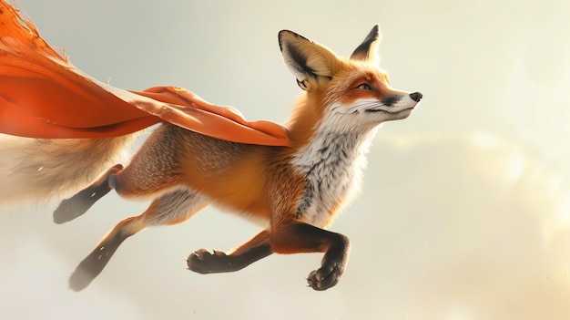 A red fox wearing a red cape leaps gracefully through the air against a soft golden background