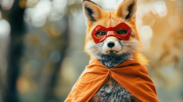 Photo a red fox wearing a red mask and orange cape looks seriously at the camera