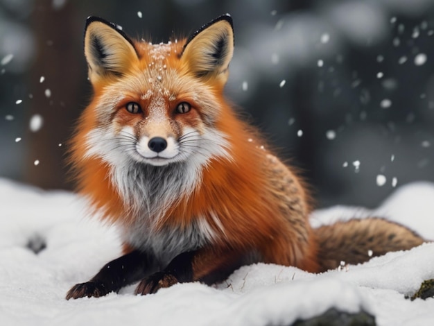 A red fox wearing a santa hat sitting in the snow ai