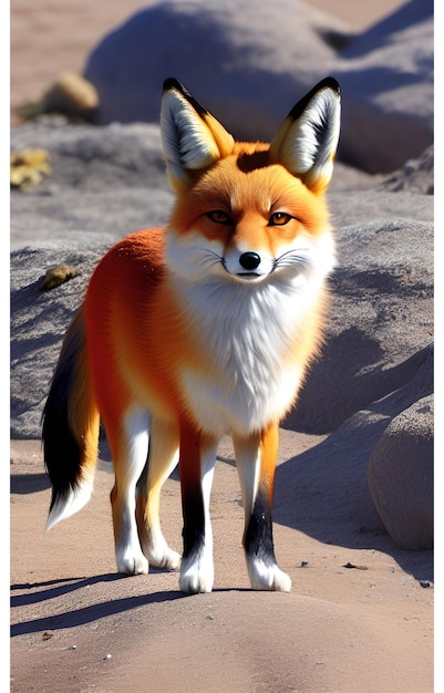 A red fox with black legs and a white tail is standing on a rocky beach.