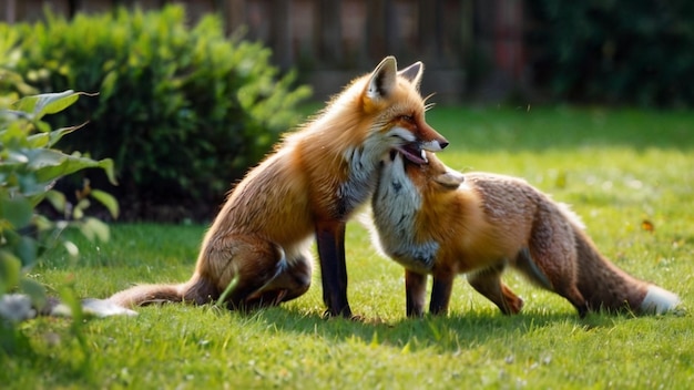 a red fox with a black nose and mouth open with another fox