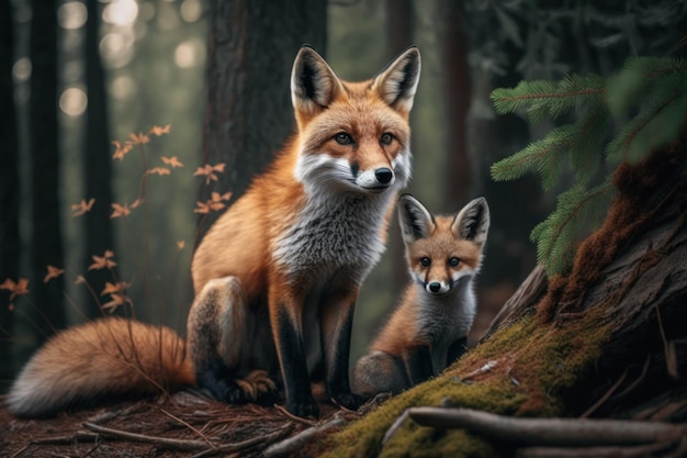 Red fox with cub in natural habitat Generative AI