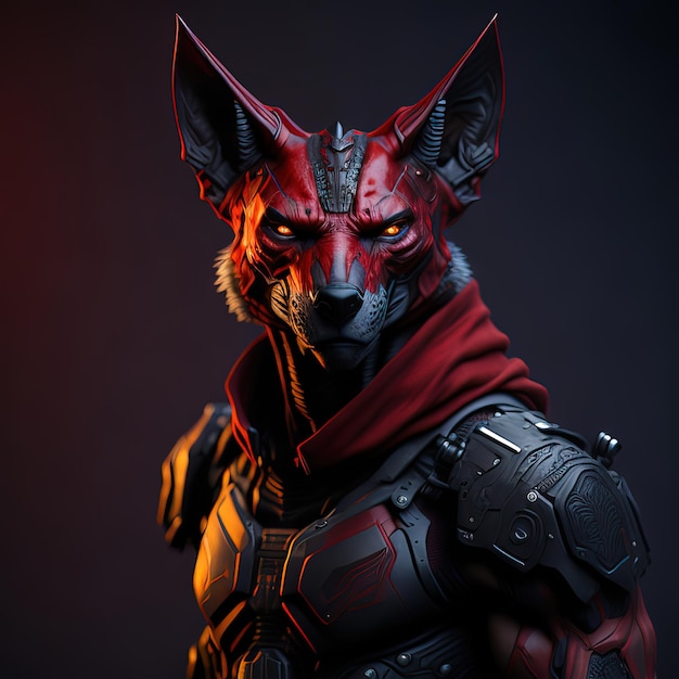 A red fox with a red hood stands in front of a dark background.