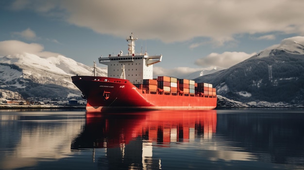 Red freight pallet carrier ship moored in norway