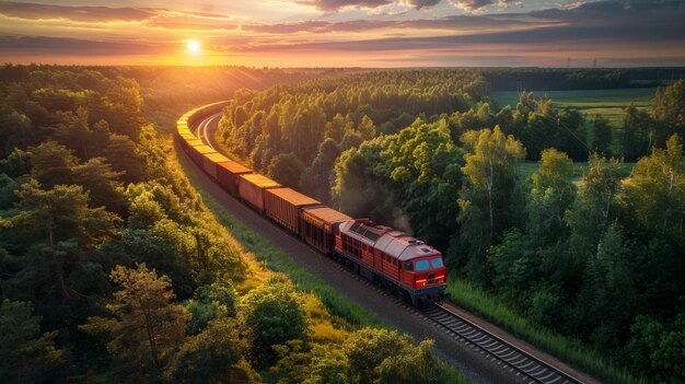 A red freight train hauling cargo containers meanders through a dense forest under a glowing sunset sky