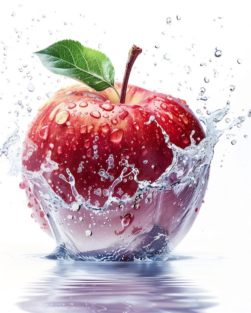 Red fresh apple fruit with water splash isolated on white