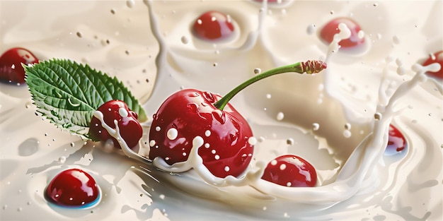 Red Fresh Cherry fruit with milk splash