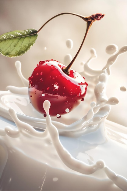 Red Fresh Cherry fruit with milk splash