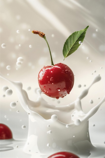 Red Fresh Cherry fruit with milk splash