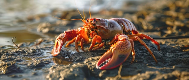 Red Freshwater Crayfish On Muddy Riverbank At Sunset