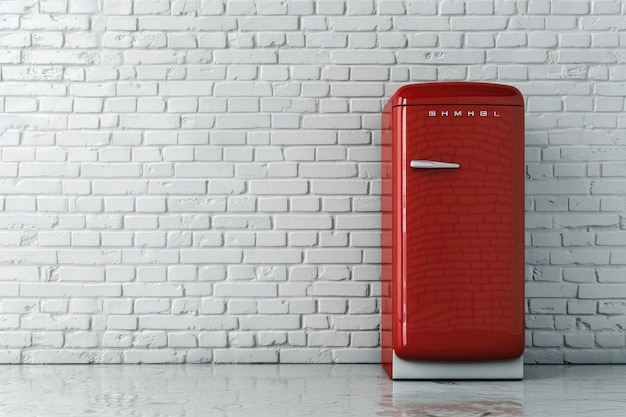 Photo red fridge near white brick wall