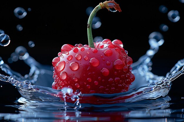 a red fruit with water drops in the background