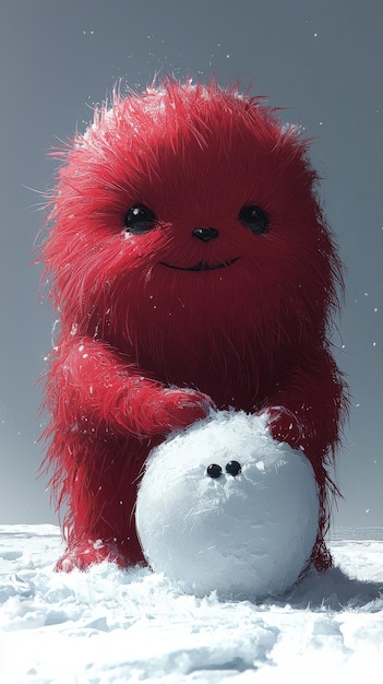 Red Furry Creature Making a Snowman