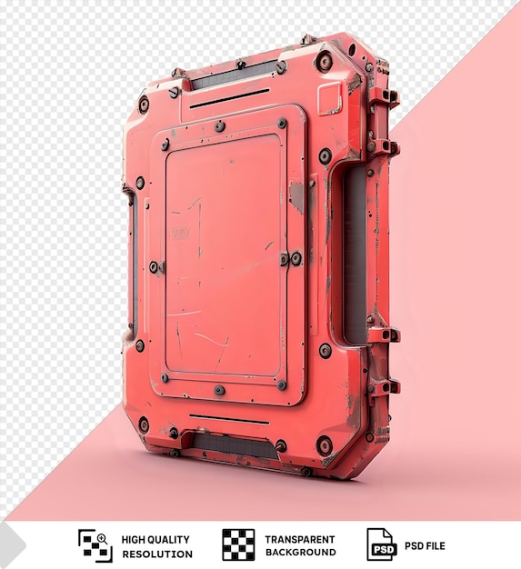 Red Futuristic Metal Panel with Scratches Isolated on Pink Background