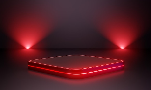 Red futuristic pedestal for display with red light Blank round square podium for product 3d rendering illustration