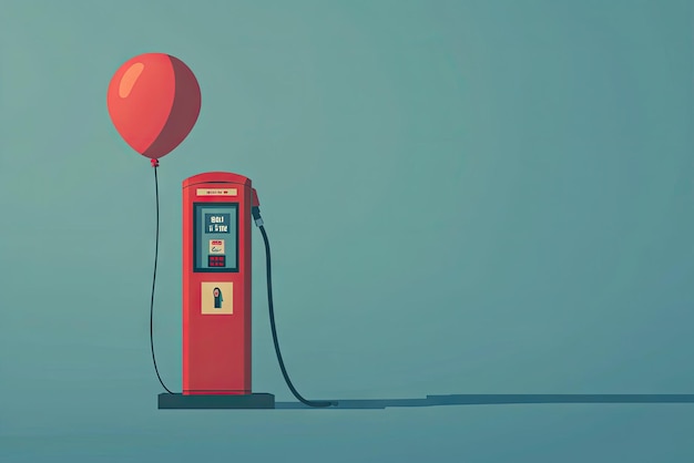 Photo a red gas pump stands tall a lone red balloon tied to its nozzle against a muted teal background a surreal scene of unexpected juxtaposition